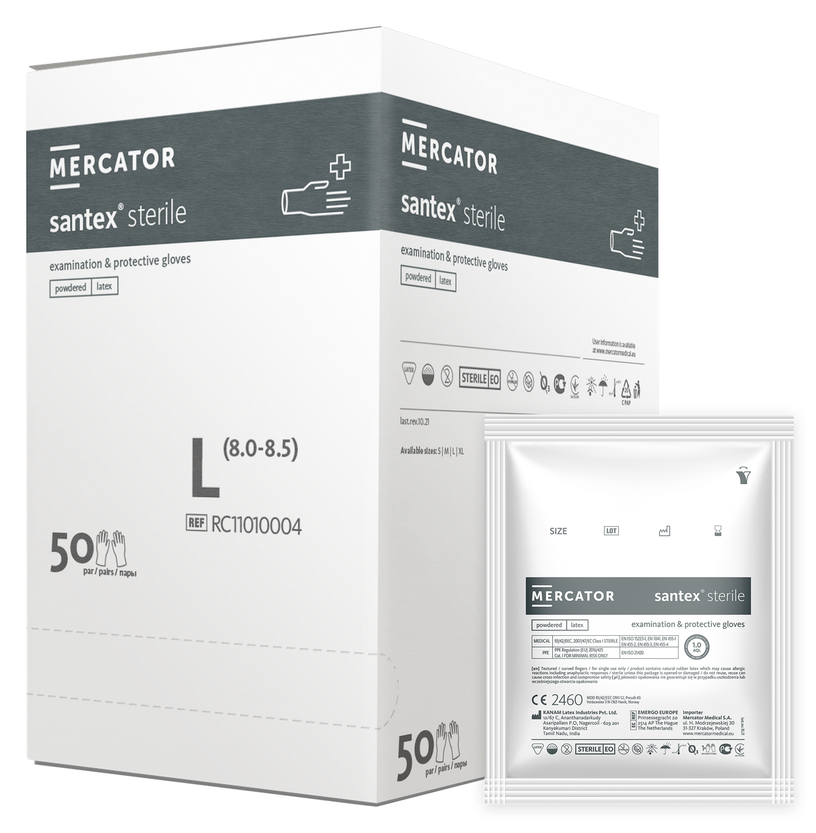 Рукавички латексні оглядові стерильні припудрені Santex® sterile, розмір L, Mercator Medical